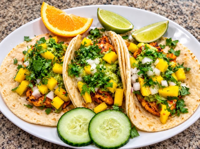 3.Grilled Shrimp Mango Salsa Guacamole Tacos.